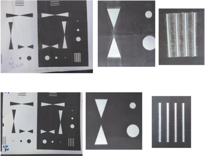 A set of 6 images as the examples of laser failure. In the first 3 images, the zoomed in view has blurred boundaries and images, while in the second 3 images, the constituent units are clearly demarcated.