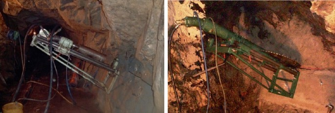 Two images from left to right show plate loading tests in an adit and tunnel, respectively.