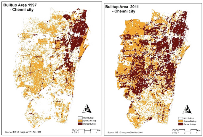 Two maps represent the built-up area in 1997 and 2011 in Chennai city with different shades. The map depicted the built-up area of 1997, where the dark shades occupy the northeast portion. The map expresses the built-up area of 2011, where the dark shades occupy the portions from the middle to the northeast.