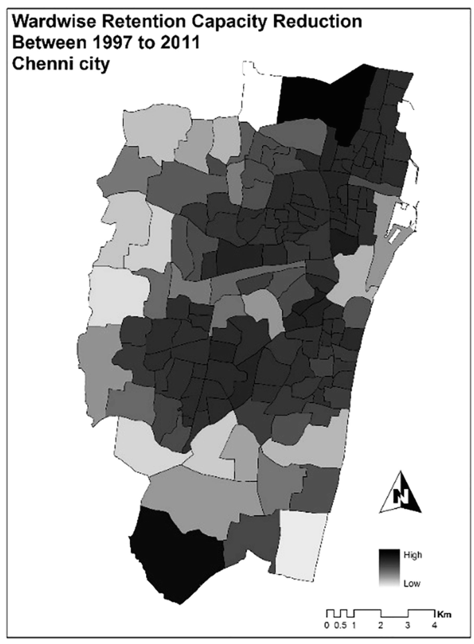 A map of ward-wise retention capacity reduction between 1997 to 2011 in Chennai city by different layers of a shade from darker to lighter. The darkest shade indicates high, and the light shade indicates low. The darkest shade occupies the small portion at the top and the bottom of the map. The medium-dark shades occupy the middle part.