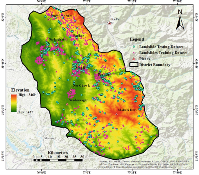 A map of the Mandi district of Himachal Pradesh that includes Jogindernagar in the north and Shikari Devi toward the south. The landslide testing and training datasets are marked across the map with clusters around Sundernagar, Mandi, Pandoh, Sarkaghat, Padhar and Jogindernagar, Shikari Devi is marled with some of the highest elevated areas.