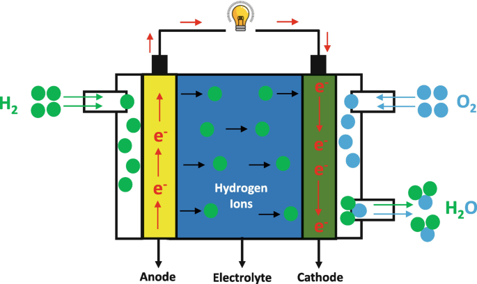 A schematic diagram represents a P A F C. A cathode and an anode are put on either side of an electrolyte, hydrogen ions. The input of H 2 and O 2 from the upper left and right sides of the cell and the release of H 2 O from the bottom right end of the cell are exhibited.