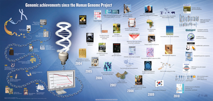 A chart of the genomic achievements since the human genome project. The major illustrations are for the achievements from 2004 to 2010.