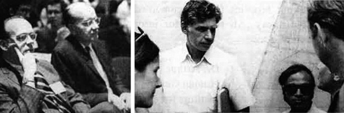Two photographs. a,Two elderly men in glasses sit beside each other. b, A group of people stand in a group, where one them speaks while the others listen to him.
