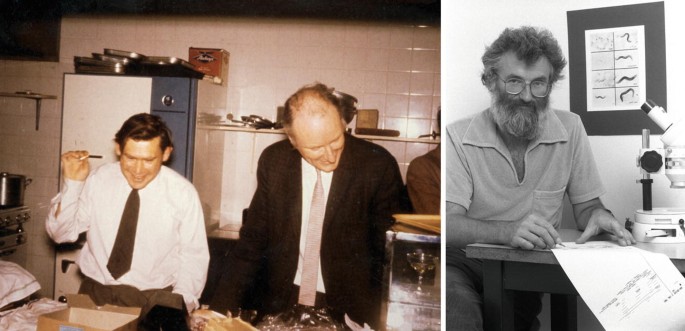 Two photographs. a, Two men in a lab, one seated and the other standing. Both are smiling. b, A man is seated at a desk and writes on a piece of paper with a pencil. A microscope is placed on the same table, with a paper pinned to the board behind him.
