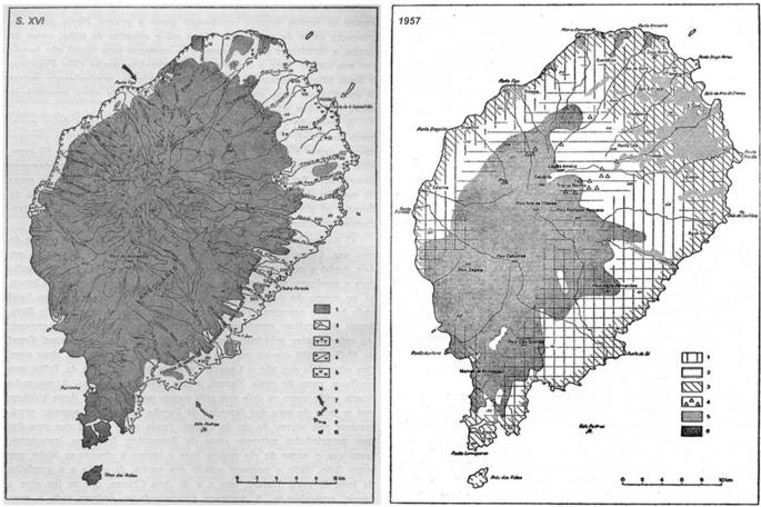 Two maps dated in the late sixteenth century and 1957 exhibit a comparison of the reduction in the area utilized for crop cultivation.