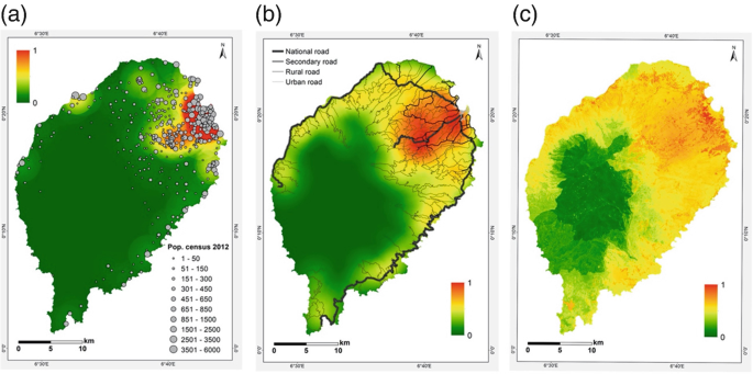 Three density maps. A, population density plot for 2012. B, road density plot for the national, secondary, rural, and urban roads. And C, landscape vulnerability of low and medium covers the major area.