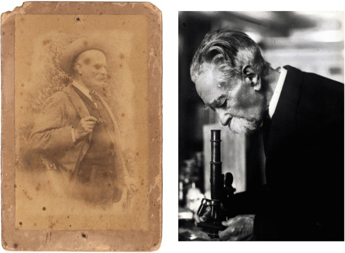 Two photographs. A. An old photograph of Adolfo Moller standing in the woods, he carries a shotgun on his shoulder. B. A photograph of Julio Henriques looking through the microscope.