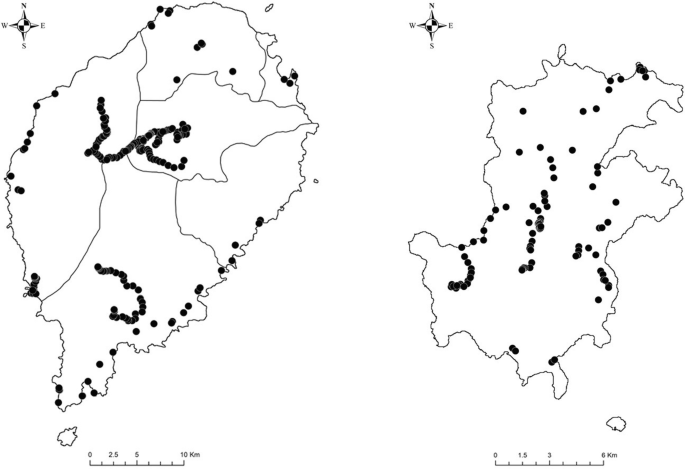 Two geographical maps depict the distribution of study localities in Sao Tome and Principe for the enrichment of herbaria for the years 2007, 2008, 2010, 2013, and 2016.