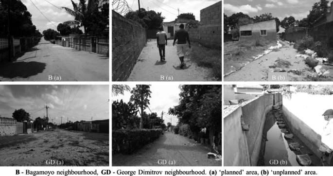 A set of 6 Photos of 2 neighborhoods, Bagamoyo and George Dimitrov, depict neatly paved roads in planned areas against unpaved streets with open drainage in unplanned sites.