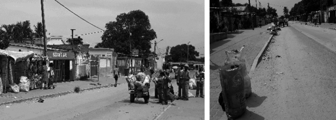 Two photographs of a neighborhood depicts a wide 2-lane road where a few residents help with public services such as the collection of waste and transportation.