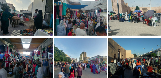 A set of 6 photographs in 2 rows, of a market, where stalls and open markets are crowded with people shopping. The fort wall is in the background.