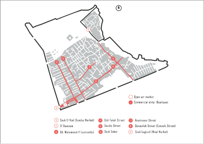 A map location of Rabat with 6 commercial strip boutiques and 3 open-air souks marked.