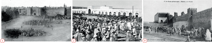 A set of 3 photographs of Rabat’s open-air markets where a crowd of people is observed near a fort.