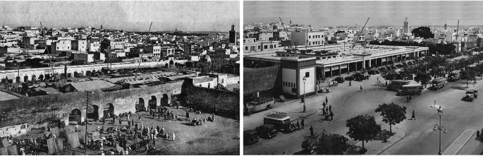 Two photographs of the markets of Souk El Ouasaa in the olden days have many houses on one side and several people in the roadside area of the district.