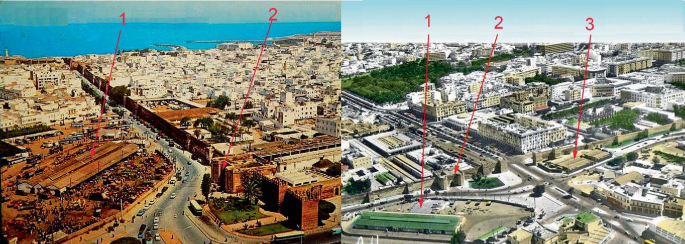 Two photographs of downtown wholesale markets depict wide roads with many houses along the sides. The wholesale markets, Rabat Bab El Hal, and poultry market are marked.