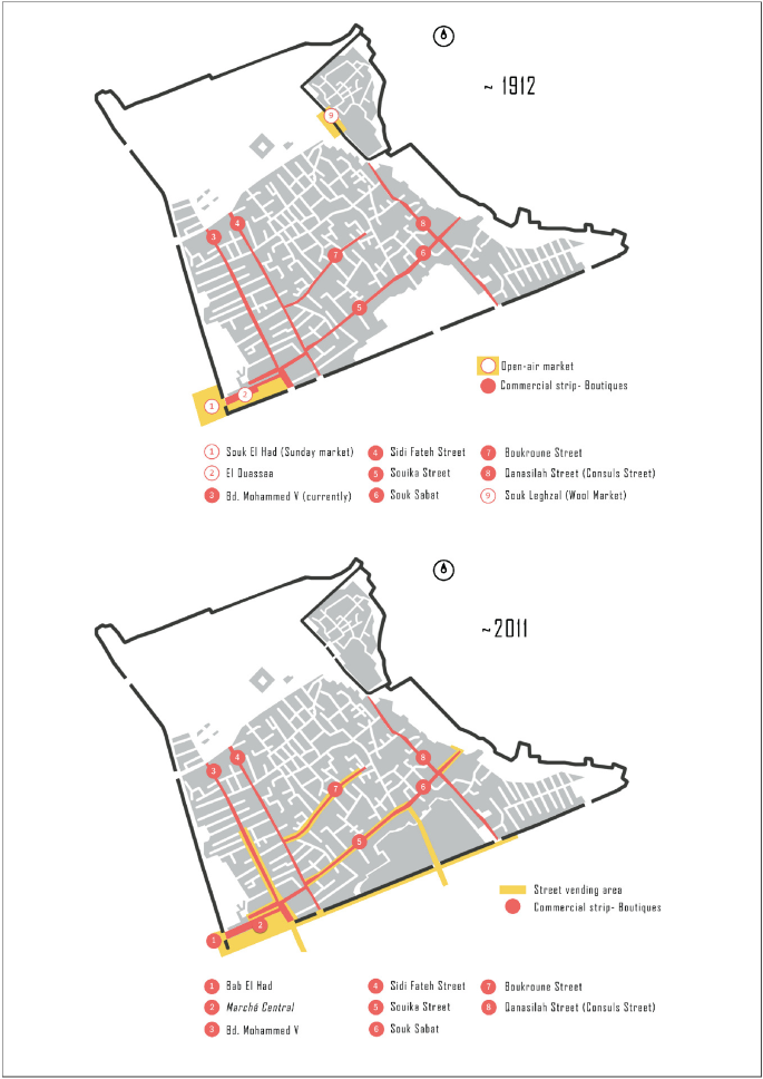 A map of downtown Rabat in 1912 marks the 3 open-air markets and 6 commercial strip boutiques. In the map of 2011 below, open-air markets have shifted to the commercial strip boutiques in the south.