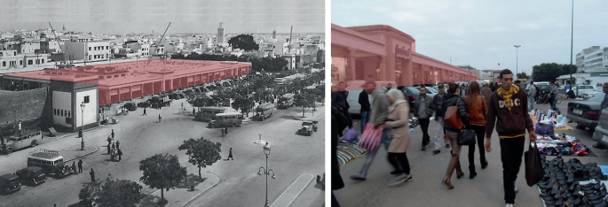 Two photographs of Marche Central lined by cars, people, and street vendors.
