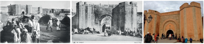 A set of 2 old and 1 new photograph of the marketplace and its entrance, depicts people around and a few tents pitched in front in the old photos.