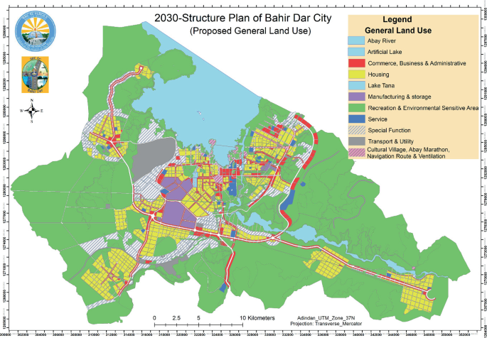 A map titled, 2030 structure plan of Bahir Dar city, classifies the area based on land use, where recreation and environmentally sensitive area occupies the major part.