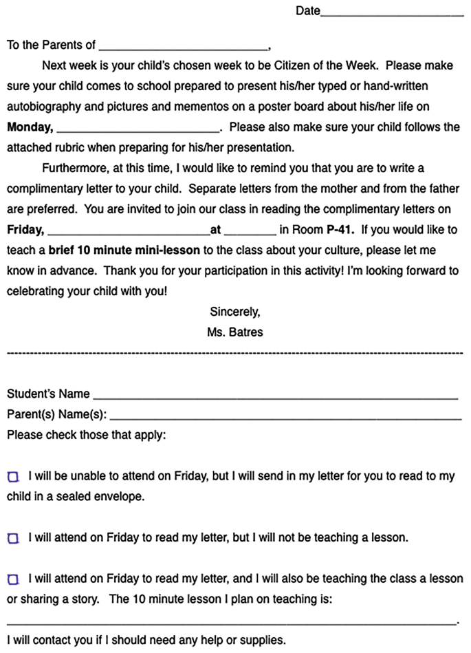 An image of an application form, for citizens of the week program, that has blanks to fill in student name, parents' names and other details needed for the program.