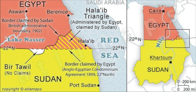 A map depicts the Halayeb triangle area in the east, between Egypt and Sudan.