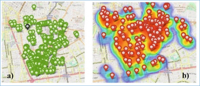 2 maps of La Victoria district depict locations of interest distribution, and historical crime distribution.