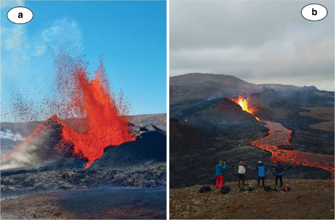 A pair of landscapes. A shows a volcano that explodes and emits gases. B is the magma ways formed by the volcanoes, which is observed by a few people.