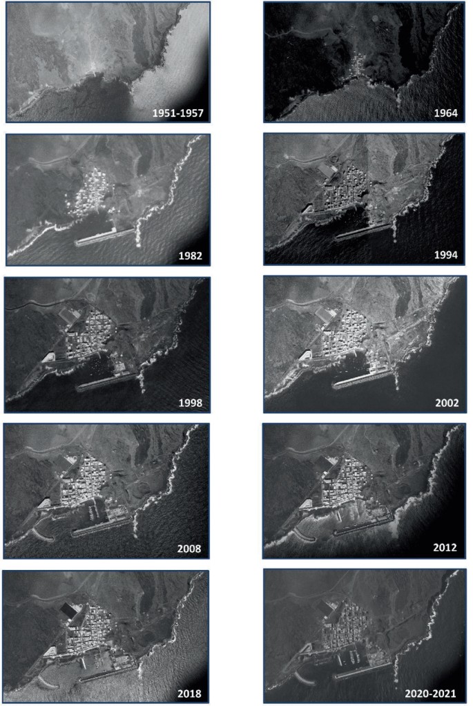 10 images depict the territorial development in La Restinga from 1951 to 2021.