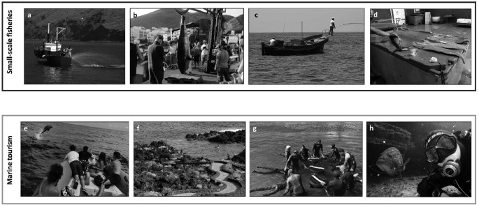 8 photographs in which the first 4 depict small-scale fisheries and the next 4 depict marine tourism activities in La Restinga and the Sea of Calms.