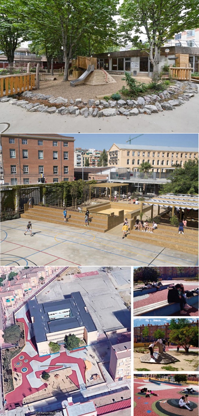 Six photos. 1 depicts a schoolyard, with trees, stone pavement, and buildings in the background. 2 depicts a schoolyard with wood structures, pergolas, vegetated walls, and buildings behind. 3 depicts the aerial view of a school building. 4, 5, and 6 depict a schoolyard and children playing in it.