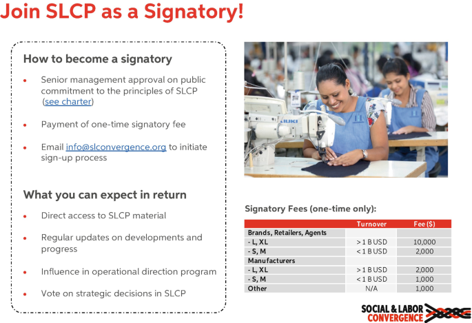A photo of a page with text, join S L C P as a signatory. It has details of how to become a signatory, what you can expect in return, and one-time signatory fees.