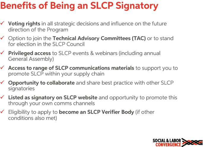 A photo of a page with text- benefits of being an S L C P signatory. The benefits are listed below in pointers.