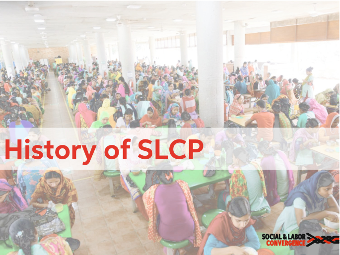 A photo of a large group of people. The text on the photo reads the history of S L C P, with a logo of social and labor convergence below it.