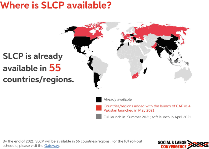 A world map for different regions where S L C P is available. It is categorized into 3, already added, added with the launch of C A F version 1.4, and those that will be launched.