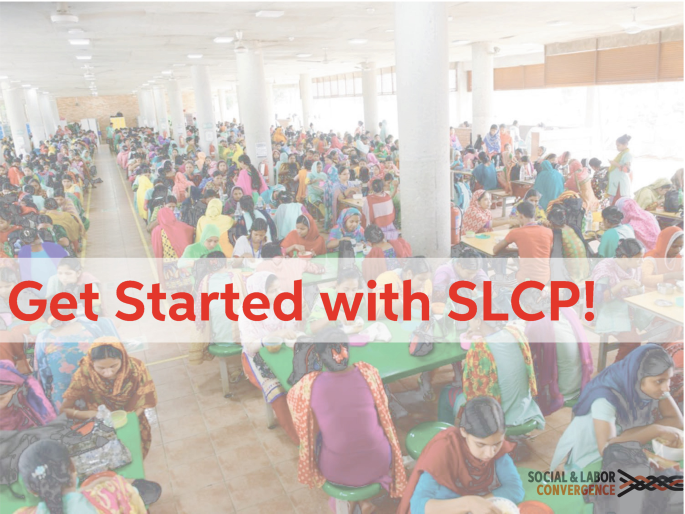 A photo of a large group of people. The text on the photo reads, get started with S L C P. There is a logo of social and labor convergence below it.
