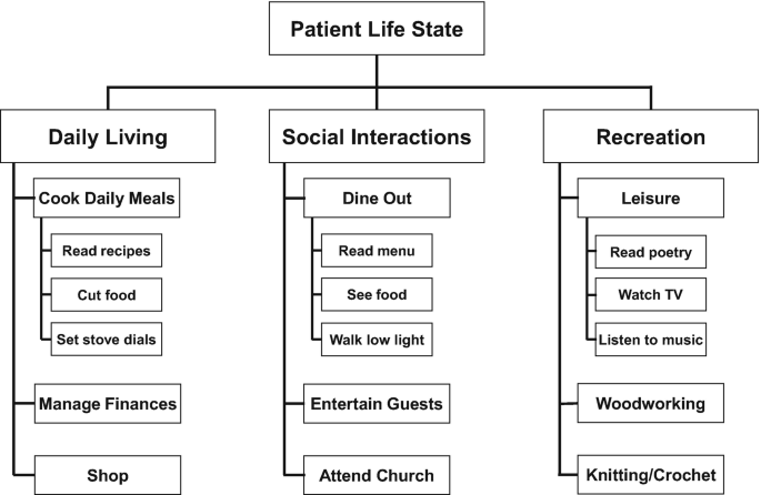 A chart of patient life state. It has 3 objectives, daily living has cook daily, and shop. Social interactions have dined out and attend church. Recreation has leisure, woodworking, and knitting.
