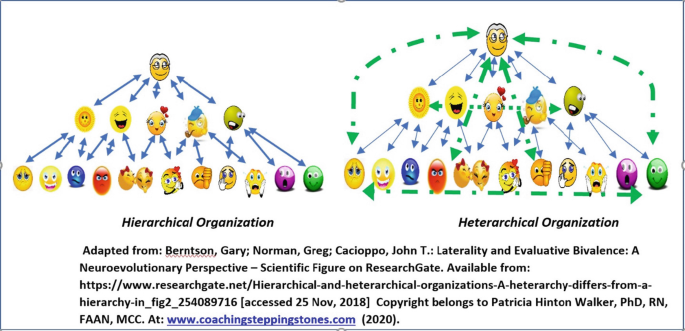 A graphic of emoticons lists the hierarchical and heterarchical organization from the higher-level management to lower-level employees in an organization.