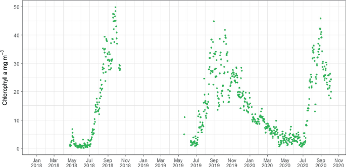 A scatterplot of chlorophyll a in milligrams per meter cube from January 2018 to November 2020. The highest plots of 50 are between September 2018 and November 2018, and the lowest plot of 0 is between May and July 2018, June and July 2019, and April and July 2020.