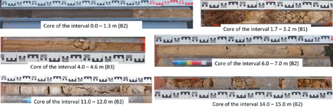 A chart of photographs describes the lithological description of six distinct V Z columns of the core intervals, 0 to 1.3, 1.7 to 3.2, 4 to 4.6, 6.7 to 7, 11 to 12, and 14 to 15 meters.