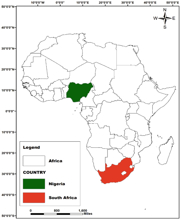 A map of Africa highlights the countries of Nigeria and South Africa.