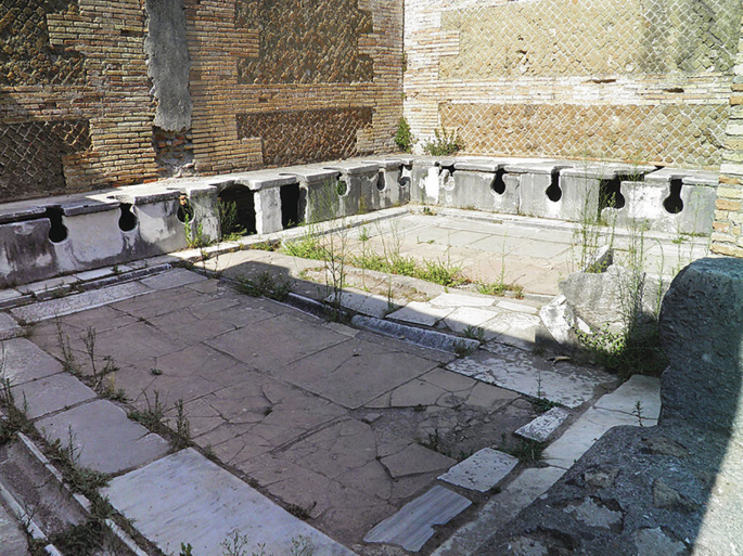 A photo of the common washroom used in ancient Rome. It has two sections on the floor surrounded by cemented area at an elevation.