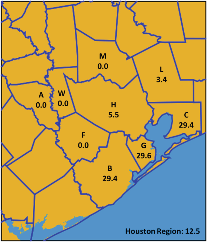 A map of the Houston region on the east coast of the United States. The region is divided into parts and some of them are labeled with, A, B, C, F, G, H, L, M, and W and numbers, mostly in the middle near the coast.