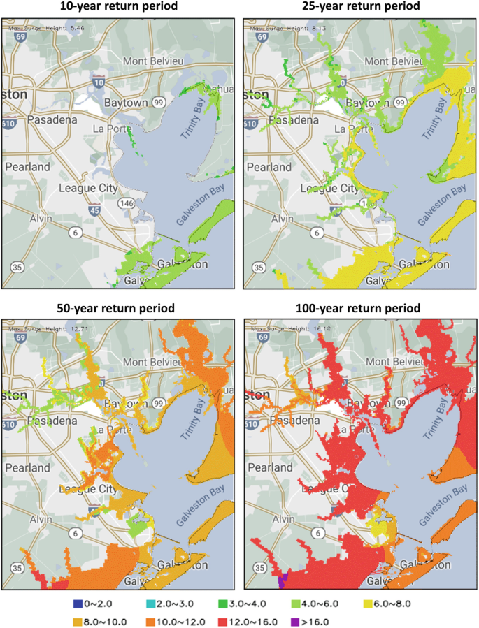 The image has the same 4 maps of the Houston region on the east coast of the United States. The maps are for, 10, 25, 50, and 100-year return periods and various colors are used along the coast. 10 and 25 have mild colors indicating low intensity and 50 and 100 have darker colors indicating high intensity.