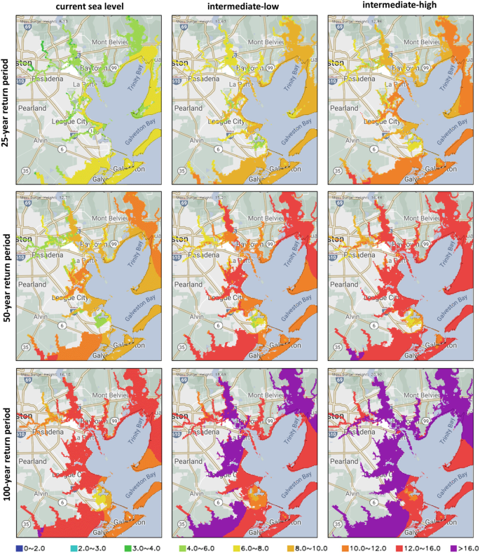 The image has the same 9 maps of the Houston region on the east coast of the United States. The maps are for 25, 50, and 100-year return periods and 3 maps for each. Various colors are used along the coast. 25 has mild colors indicating low intensity, and 50 and 100 have darker colors indicating high intensity. Intensity goes on increasing.