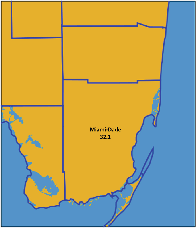 A map that is u-shaped and is a coastal region. The map is divided into parts and the part at the right tip is the Miami-Dade and 32,1 is mentioned below it.