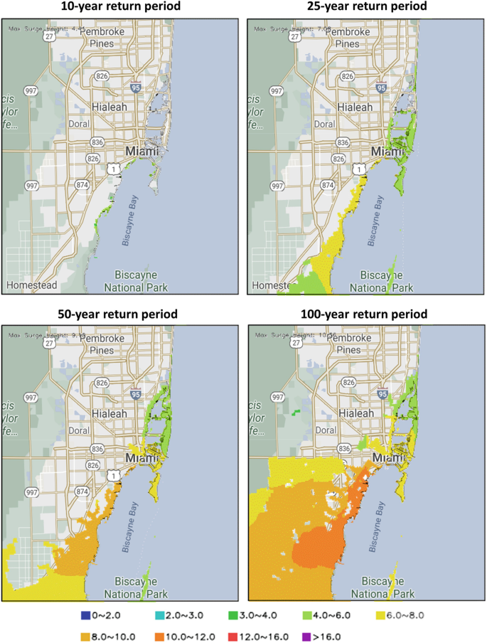 The image has the same 4 maps of the Miami region on the east coast of the United States. The maps are for, 10, 25, 50, and 100-year return periods and various colors are used along the coast. 25 has mild colors indicating low intensity and 50 and 100 have darker colors indicating high intensity and it's mostly present bottom right.