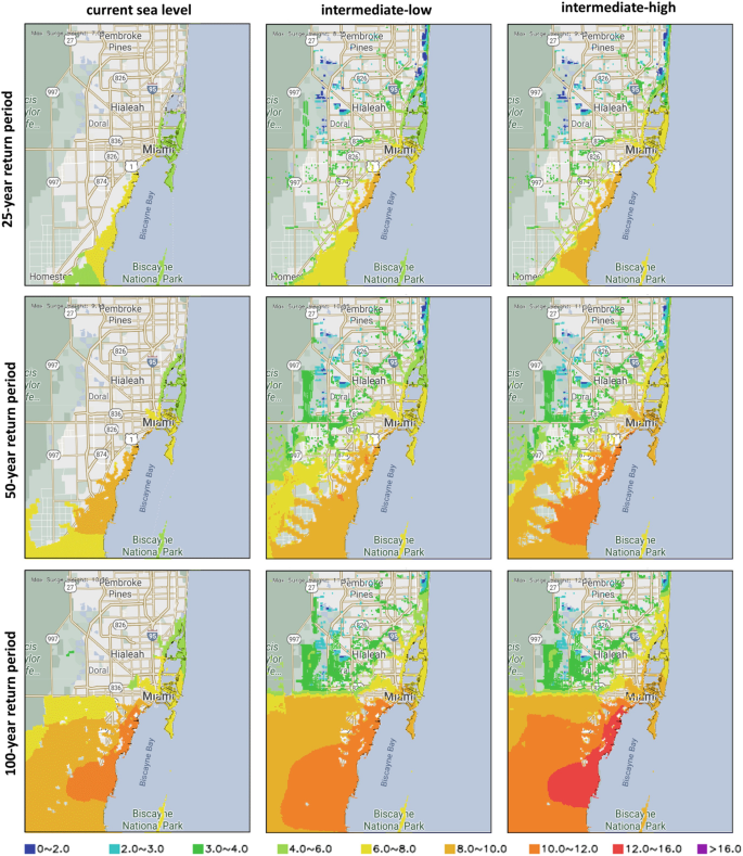 The image has the same 9 maps of the Miami region on the east coast. The maps are for, 25, 50, and 100-year return periods and 3 maps for each. various colors are used along the coast. 25 has mild colors indicating low intensity and 50 and 100 have darker colors indicating high intensity. Intensity goes on increasing along the bottom right.