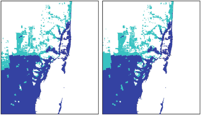 An image with 2 maps of the same Miami region on the eastern coast of the United States. Most of the bottom part of the coast is marked with a darker color in both the maps but a paler color is present and only in a few parts above the darker shade on the top.