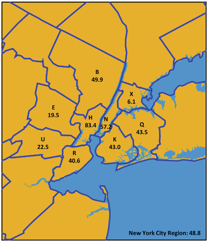 A map of the New York City region on the east coast of the United States. The region is divided into parts and some of them are labeled with, B, E, H, K, N, Q, R, U, and X, and numbers, mostly in the middle near the coast.